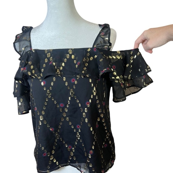 A.L.C. Willow Black Silk Gold Metallic Festive Sleeveless Shirt Top Sequins Sz 0 - Picture 4 of 9